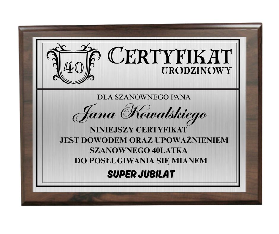 CERTYFIKAT / RYNGRAF / DYPLOM URODZINOWY 30/ 40/ 50 lat