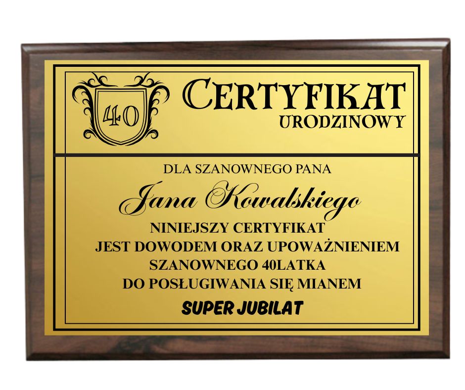 CERTYFIKAT / RYNGRAF / DYPLOM URODZINOWY 30/ 40/ 50 lat - obrazek 2