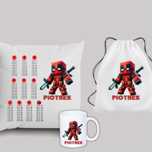ZESTAW PODUSZKA + KUBEK + WORKO_PLECAK MOTYW MINE-DEADPOOL